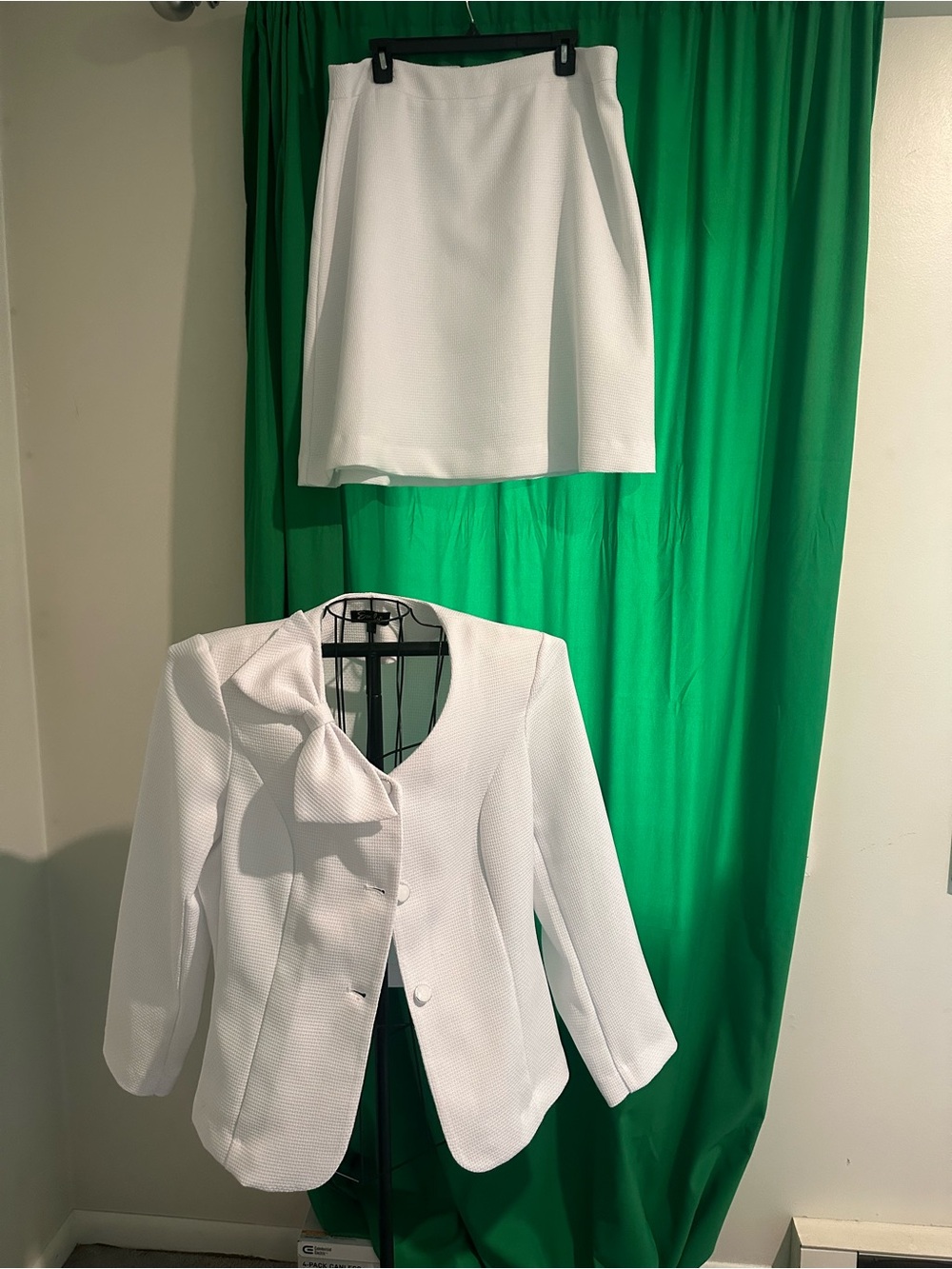 Emily Designs White Textured Blazer and Skirt Set with Bow Detail